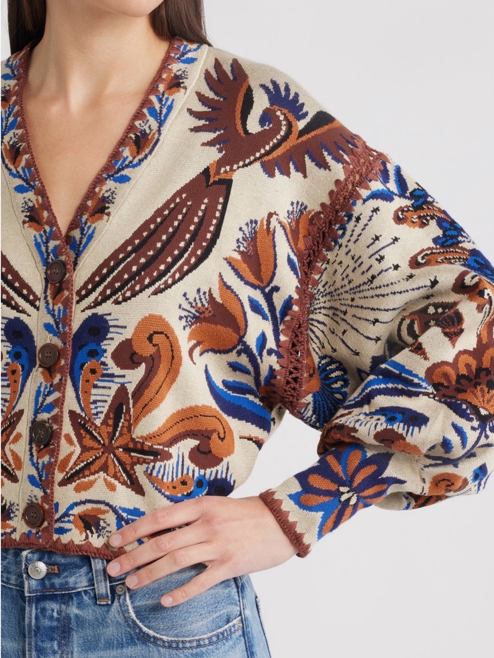 NWOT FARM RIO Viscose Blend Cardigan With Perforated /Embroidered Details Medium - Picture 8 of 9